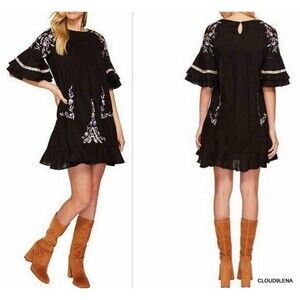 Free People Medium Pavlo Boho Babydoll Dress Black Floral Embroidered